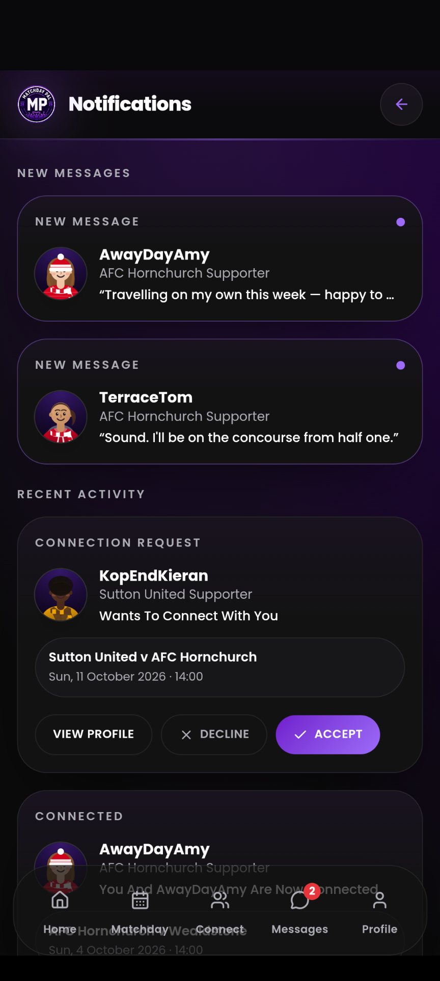 MatchdayPal supporter notifications screen
